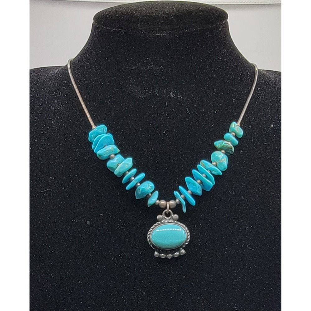 Vintage Southwestern Sterling Silver Turquoise Nugget Liquid Silver Necklace 70s